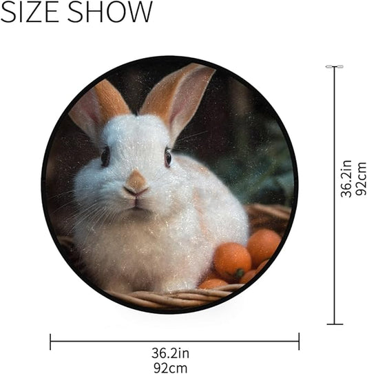 Soft and Cozy 3ft Small Round Rug Non-Slip, Washable Indoor/Outdoor Rug for Home Decor Adorable Bunny Eating Carrot Picnic Basket Print.
