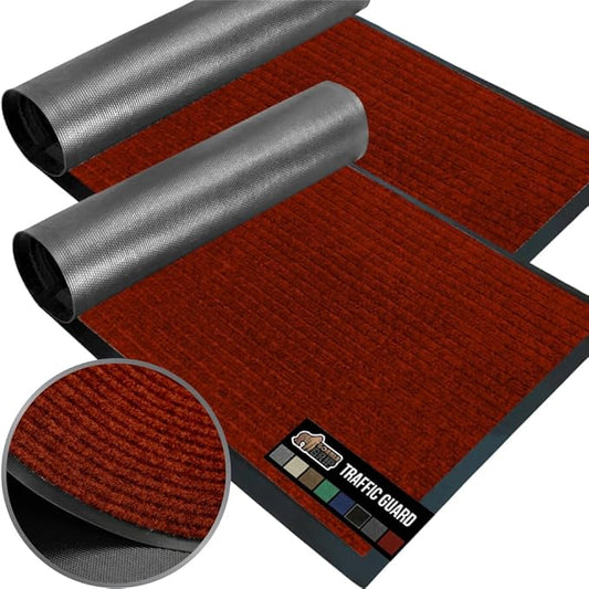 GORILLA GRIP Waterproof Traffic Guard Door Mat, 2 Pack Heavy Duty Entryway Mats, Strong Rubber Back Commercial Utility Rugs for Office Hallway, Garage Floor and Home, Low Profile Carpet, 35x23, Red