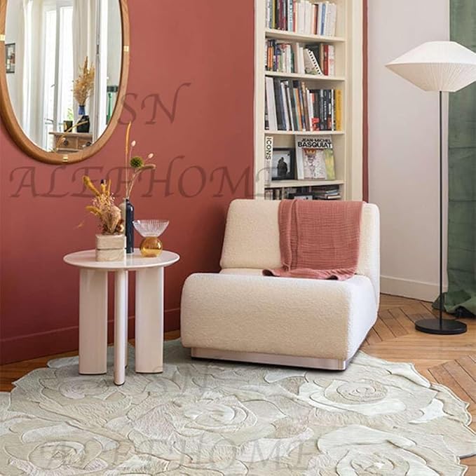Round Floral Area Rug – Elegant Textured Rose Design – Soft Decorative Circle Mat with Non-Slip Backing for Living Room, Bedroom, Nursery, or Entryway (White_9x9 ft)