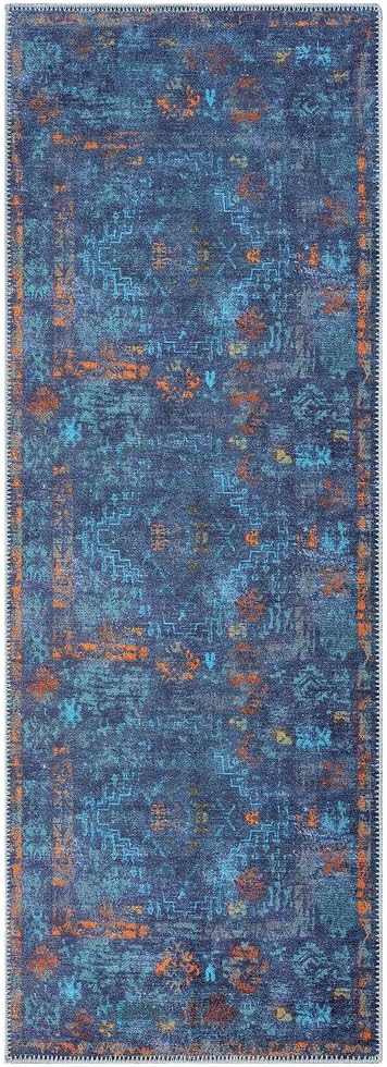 GLN Rugs Contemporary Collection - Machine Washable Area Rug, Contemporary Washable, Non Slip, Low Pile Chenille Rug, Living Room, Bedroom, Kitchen Rug (2'6" x 10' Midnight/Multi)