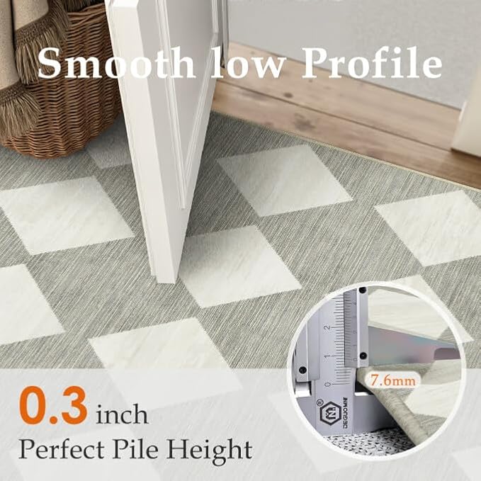 2x8 Runner Checkered Rug for Hallways Grey Washable Long Carpet Non-Slip Low Pile Boho Indoor Accent Throw Rug for Entrance Kitchen Bedroom Dining Laundry