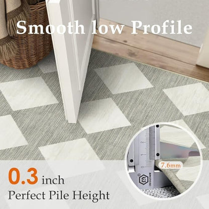 2x8 Runner Checkered Rug for Hallways Grey Washable Long Carpet Non-Slip Low Pile Boho Indoor Accent Throw Rug for Entrance Kitchen Bedroom Dining Laundry
