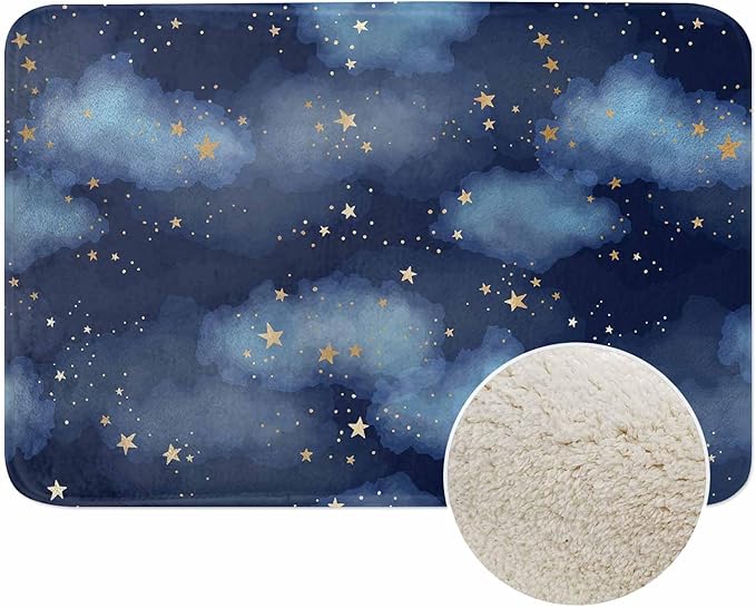 Stars and Clouds Bath Mats for Bathroom Dark Blue Watercolor Night Sky Galaxy Universe Space Floor Bath Rugs Machine Washable Bathmat Carpet Rug Room Decor for Shower Floor 16 X 24 inch Mat