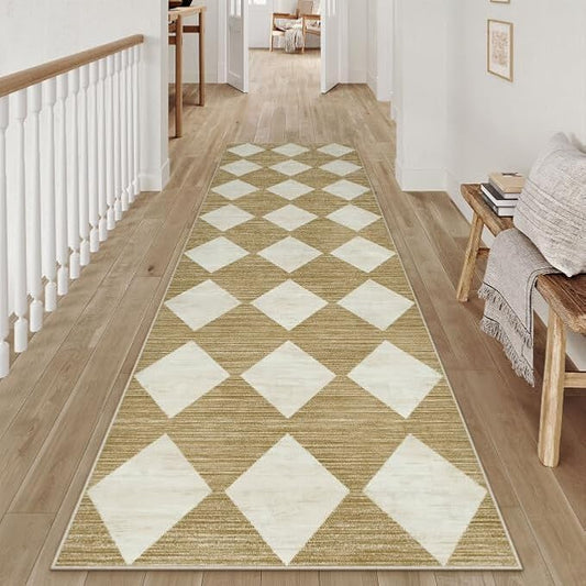 2x8 Runner Checkered Rug for Hallways Brown Washable Long Carpet Non-Slip Low Pile Boho Indoor Accent Throw Rug for Entrance Kitchen Bedroom Dining Laundry