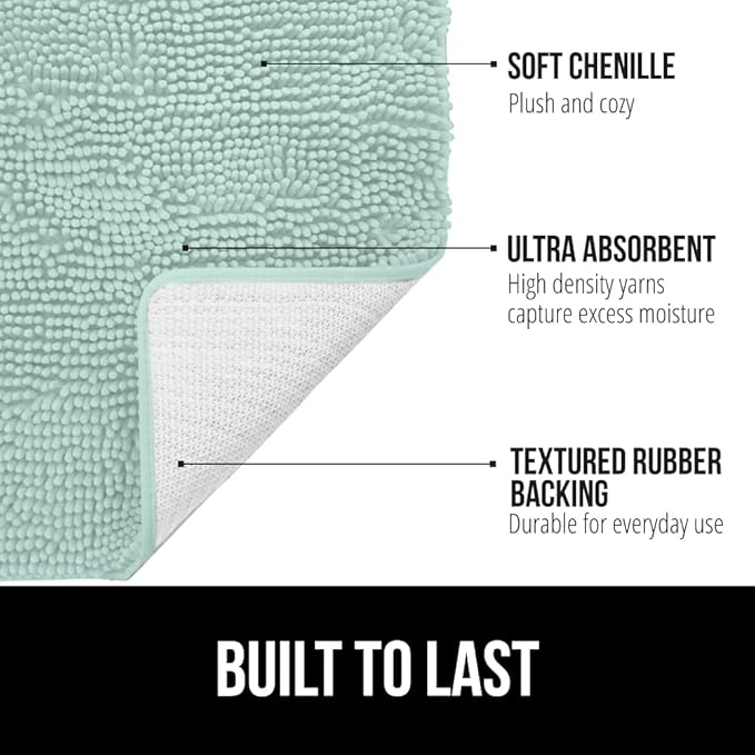 GORILLA GRIP Bath Rug Mat 48x24, Soft Absorbent Chenille, Quick Dry Microfiber Mats, Rubber Backing Washable Shower Floor Rugs, Bathmat Runner, US Designed Bathroom Home Decor Accessories Seablue