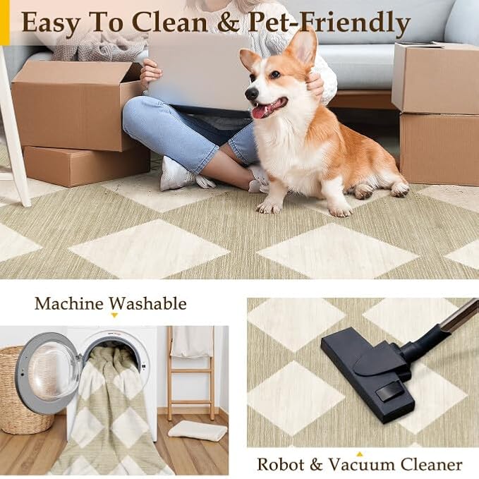 5x7 Checkered Area Rugs for Living Room Beige Machine Washable Large Rug Non-Slip Stain Resistant Low Pile Boho Accent Indoor Throw Carpet for Office Bedroom Dining Room Classroom