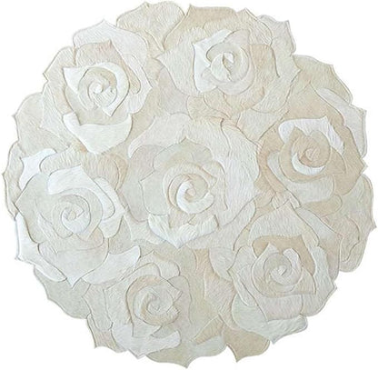 Round Floral Area Rug – Elegant Textured Rose Design – Soft Decorative Circle Mat with Non-Slip Backing for Living Room, Bedroom, Nursery, or Entryway (White_7x7 ft)