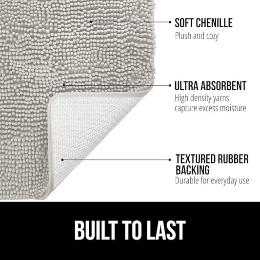 GORILLA GRIP Bath Rug Mat 70x24, Soft Absorbent Chenille, Quick Dry Microfiber Mats, Rubber Backing Washable Shower Floor Rugs, Bathmat Runner, US Designed Bathroom Home Decor Accessories Light Gray