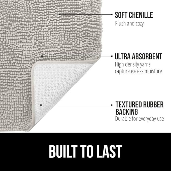 GORILLA GRIP Bath Rug Mat 42x24, Soft Absorbent Chenille, Quick Dry Microfiber Mats, Rubber Backing Washable Shower Floor Rugs, Bathmat Runner, US Designed Bathroom Home Decor Accessories Light Gray