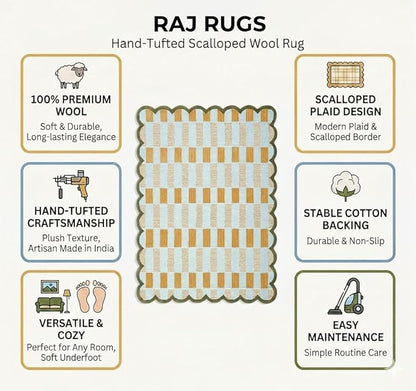 Handmade Woven Area Rug 5 x 8 ft with Scalloped Border, Cream and Mustard Checkered Pattern, Soft Decorative Rug for Living Room, Bedroom, Nursery