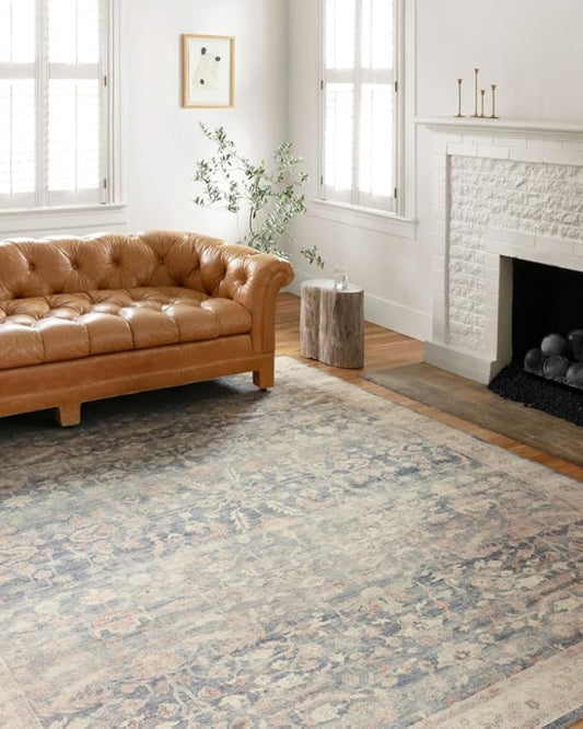 Loloi Hathaway Collection HTH-02 Denim/Multi 3'-6" x 5'-6", .25" Thick Accent Rug, Soft, Durable, Printed, Modern, Low Pile, Non-Shedding, Easy Clean, Living Room Rug