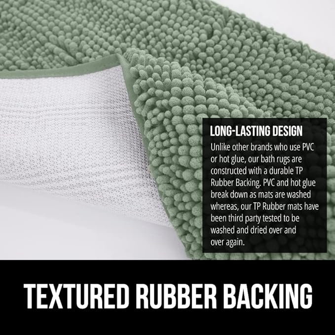 GORILLA GRIP Bath Rug Mat 48x24, Soft Absorbent Chenille, Quick Dry Microfiber Mats, Rubber Backing Washable Shower Floor Rugs, Bathmat Runner, US Designed Bathroom Home Decor Accessories Sage Green