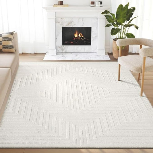 Abani Neutral Cream Area Rug 4' x 6' for Living Room, Bedroom - Tone-on-Tone Geometric Design - Durable & Easy to Clean