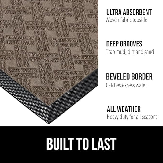 GORILLA GRIP 100% Waterproof All-Season WeatherMax Doormat, 72x24, US Designed Natural Rubber, Stain and Fade Resistant, Low Profile Indoor Outdoor Door Mats, Easy Clean Patio Mat, Taupe Basket Weave