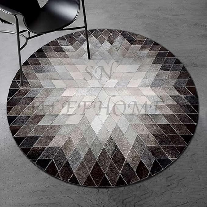 Cowhide Hairon Leather Round Rug, Geometric Patterned Circle Carpet for Living Room, Bedroom, Hall, Brown, 7×7ft