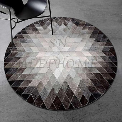 Cowhide Hairon Leather Round Rug, Geometric Patterned Circle Carpet for Living Room, Bedroom, Hall, Brown, 3×3ft