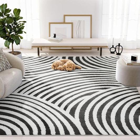 Abani Nomad Cream & Black Area Rug 4' x 6' for Living Room, Bedroom - Black Linear Curves Design - Durable & Easy to Clean