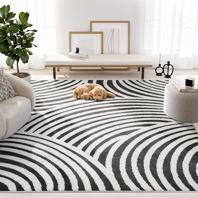 Abani Nomad Cream & Black Area Rug 5' x 8' for Living Room, Bedroom - Black Linear Curves Design - Durable & Easy to Clean
