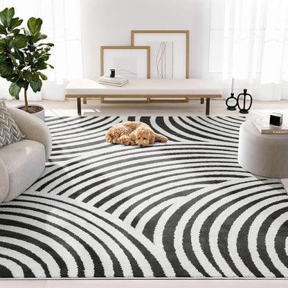 Abani Nomad Cream & Black Area Rug 5' x 8' for Living Room, Bedroom - Black Linear Curves Design - Durable & Easy to Clean