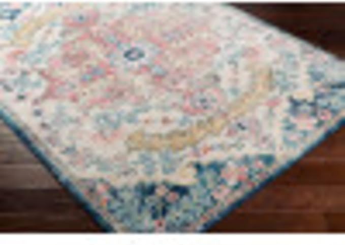 Livabliss Area Rugs - 7ft Round Odelia Vintage Boho Aqua Burgandy Blue Round Area Rug for Living Room Bedroom - Floral Medallion Stain Resistant Carpet for Kitchen, Nursery, Office (6'7" Round)