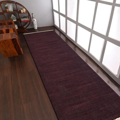 Rugsotic Carpets Hand Woven Flat Weave Kilim Wool ECO-Friendly Area Rugs - 3'x13', Runner Shape, Plum Color, Solid Plain Design, Low Pile Handmade Area Rugs for Living Room, Bed Room (D00111)