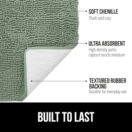 GORILLA GRIP Bath Rug Mat 48x24, Soft Absorbent Chenille, Quick Dry Microfiber Mats, Rubber Backing Washable Shower Floor Rugs, Bathmat Runner, US Designed Bathroom Home Decor Accessories Sage Green