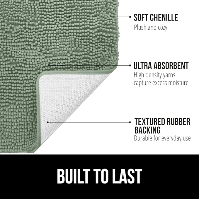 GORILLA GRIP Bath Rug Mat 30x20, Thick Soft Absorbent Chenille, Quick Dry Microfiber Mats, Rubber Backing Washable Shower Floor Rugs, US Designed Bathroom Bathmat Home Decor Accessories, Sage Green