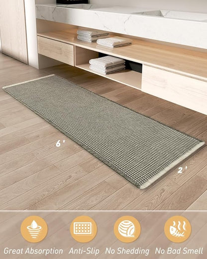 AMOAMI Upgraded Waffle Runner Rug Super Absorbent Non Slip Bath Mats for Bathroom Machine Washable Bathroom Runner Rug with Tassels, Ideal for Hallway Bedroom Laundry Room, 2' x 6', Green & Cream