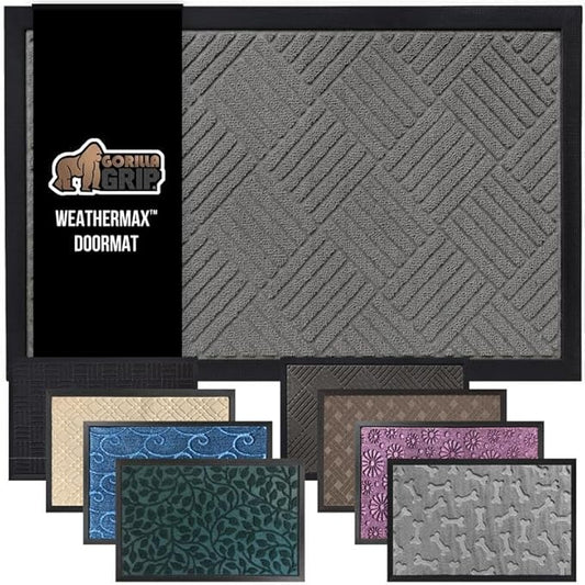 GORILLA GRIP 100% Waterproof All-Season WeatherMax Doormat US Designed Natural Rubber, Stain Fade Resistant, Low Profile Indoor Outdoor Door Mats, Easy Clean, 17x29 Gray Diamond