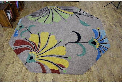Rugsotic Carpets Hand Tufted Wool ECO-Friendly Area Rugs - 8'x8', Octagon Shape, Camel, Floral Modern Design, High Pile Thick Handmade Anti Skid Area Rugs for Living Room, Bed Room (K00219)