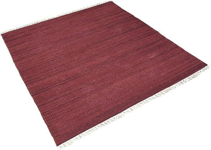 Rugsotic Carpets Hand Woven Flat Weave Kilim Wool ECO-Friendly Area Rugs - 10'x10', Square Shape, Dark Red Color, Solid Plain Design, Low Pile Handmade Rugs for Living Room, Bed Room (D00111)