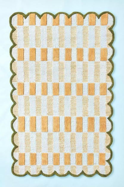 Hand-Tufted Wool Area Rug with Scalloped Edges, Beige and Green Plaid Pattern, Cozy and Soft Accent Rug for Living Room, Bedroom, and Nursery, Handmade Decorative Rug