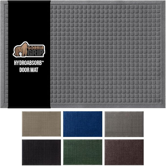 GORILLA GRIP Front Door Mat, Indoor Outdoor Ultra Absorbent HydroAbsorb Doormat, Absorbs Up to 1.7 Cups of Water, Stain and Fade Resistant, Rubber Backing Doormats, Captures Dirt, 29x17 Gray