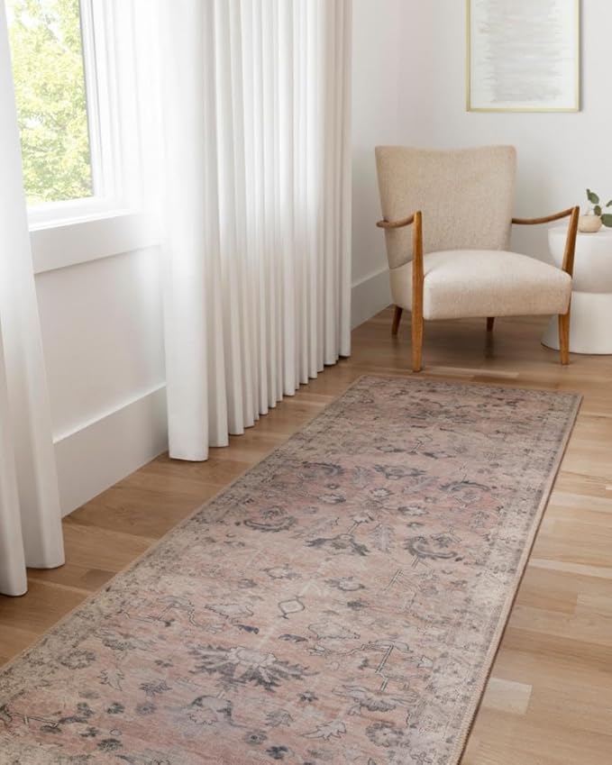 Loloi Hathaway Collection HTH-06 Blush/Multi 2'-6" x 7'-6", .25" Thick Runner Rug, Soft, Durable, Printed, Modern, Low Pile, Non-Shedding, Easy Clean, Living Room Rug