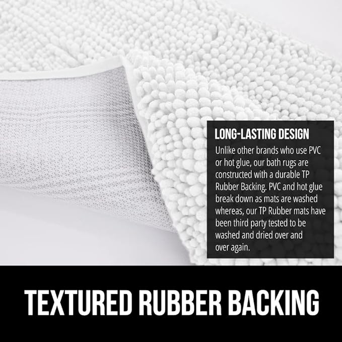 GORILLA GRIP Bath Rug Mat 60x17, Thick Soft Absorbent Chenille, Quick Dry Microfiber Mats, Rubber Backing Washable Shower Floor Rugs, Bathmat Runner, US Designed Bathroom Home Decor Accessories White