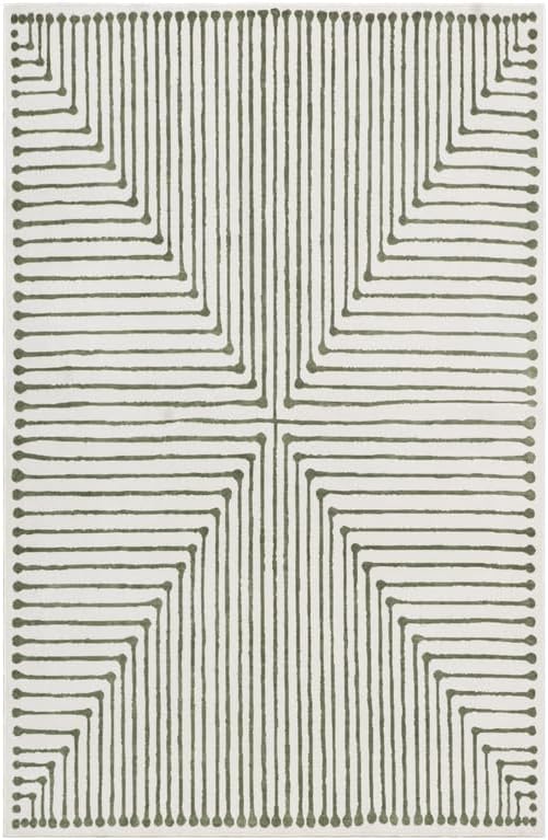 GLN Rugs Contemporary Collection - Machine Washable Area Rug, Contemporary Washable, Non Slip, Low Pile Chenille Rug, Living Room, Bedroom, Kitchen Rug (4' x 6' Green Beige)