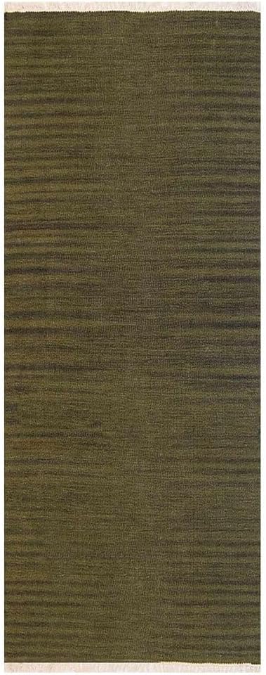 Rugsotic Carpets Hand Woven Flat Weave Kilim Wool ECO-Friendly Area Rugs - 2'6''x8', Runner Shape, Olive Color, Solid Plain Design, Low Pile Handmade Area Rugs for Living Room, Bed Room (D00111)