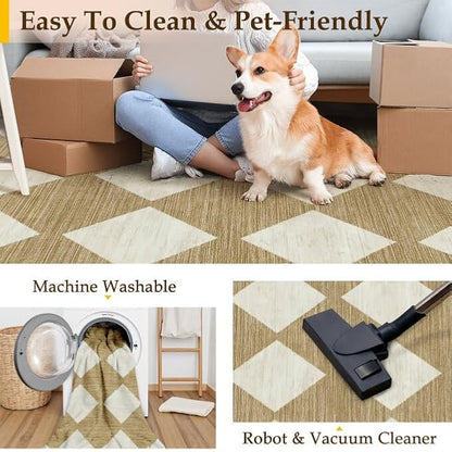 8x10 Checkered Area Rugs for Living Room Brown Machine Washable Large Rug Non-Slip Stain Resistant Low Pile Boho Accent Indoor Throw Carpet for Bedroom Dining Room Home Aesthetic Decor