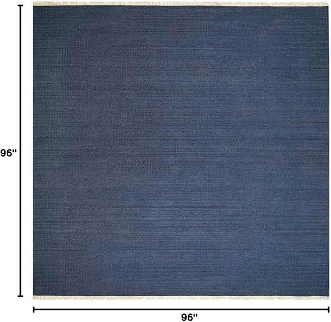 Rugsotic Carpets Hand Woven Flat Weave Kilim Wool ECO-Friendly Area Rugs - 8'x8', Square Shape, Blue Color, Solid Plain Design, Low Pile Handmade Area Rugs for Living Room, Bed Room (D00111)