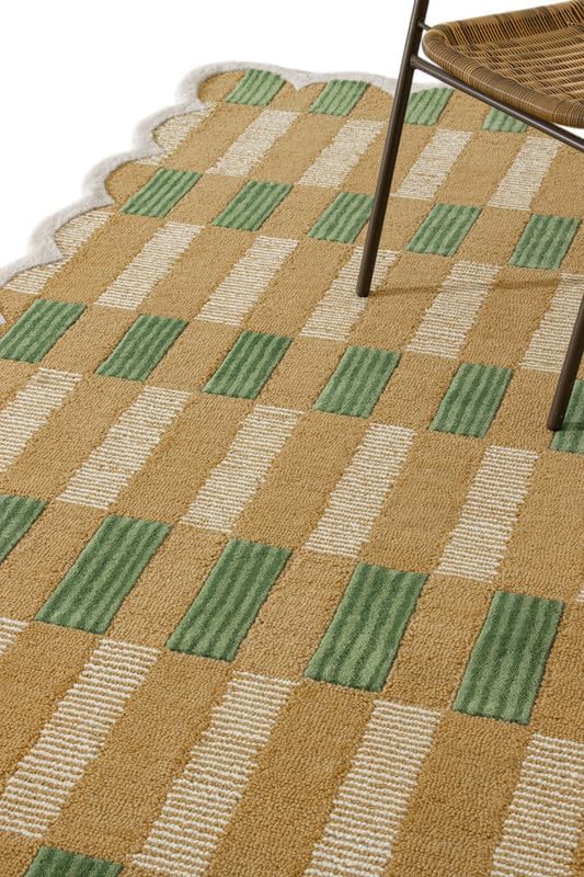 Hand-Tufted Wool Area Rug with Scalloped Edges, Beige and Green Plaid Pattern, Cozy and Soft Accent Rug for Living Room, Bedroom, and Nursery, Handmade Decorative Rug, 8x10 Ft