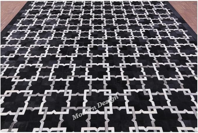 Modern Design Premium Cowhide Leather Carpet with Chevron Pattern, Area Rug (Black/Grey/White, 9'6"x14'0)