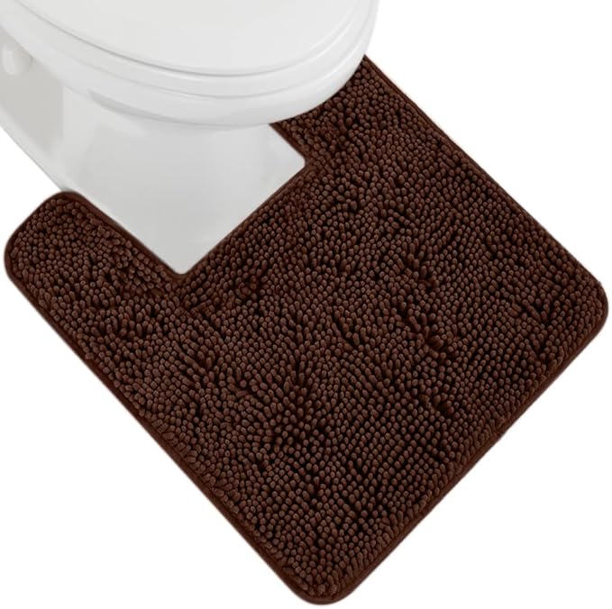 GORILLA GRIP Plush Absorbent Shaggy Chenille Bath Rug Mat for Square Toilet Base with Rubber Backing, Machine Washable Rugs, Soft Microfiber Contour Mats for Toilets, Bathroom Decor, Brown