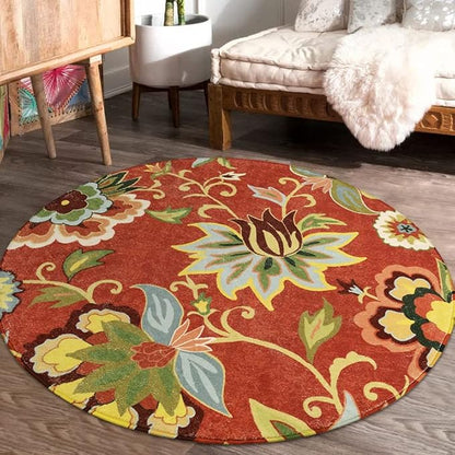 Lahome Red Floral Round Rug - 4 ft Christmas Washable Round Area Rugs Small Non Slip Entryway Mat, Throw Circle Vintage Distressed Door Mat Soft Floor Carpet for Bedroom Living Room Bathroom Kitchen