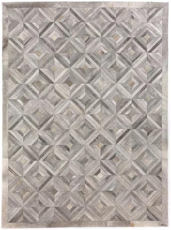 Premium Diamond Pattern Leather Area Rug, Geometric Cowhide Patchwork Carpet - 2X3 ft, Luxury Beige and Grey Non-Slip Floor Accent for Dining Room, Living Room, Hallway