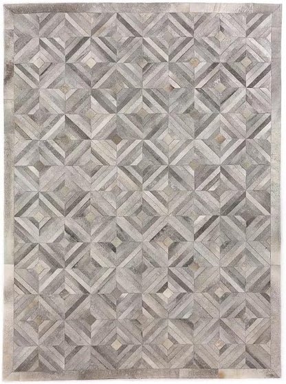 Premium Diamond Pattern Leather Area Rug, Geometric Cowhide Patchwork Carpet - 3X5 ft, Luxury Beige and Grey Non-Slip Floor Accent for Dining Room, Living Room, Hallway