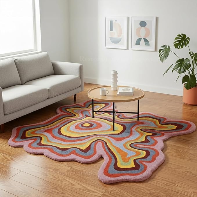Irregular Shaped Handmade Wool Rug | Modern Colourful Stripe Premium Area Rug Perfect for Home Decor (IR-D, 7x7 ft)