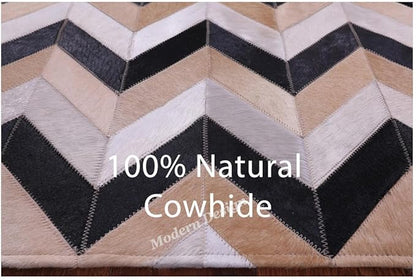 Modern Design Premium Cowhide Leather Carpet with Chevron Pattern, Area Rug (Beige/Black/Grey/Ivory, 8x10)