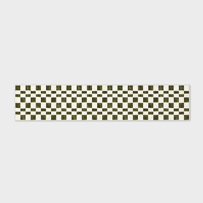 EVERGRACE Checkered Plaid Area Rug 2x10, Soft Fuzzy Faux Wool Rugs Washable Anti Slip Rugs Long Runner Carpet for Entryway Bedroom Living Room Hallway Kitchen Dining Room and Laundry, Olive Green