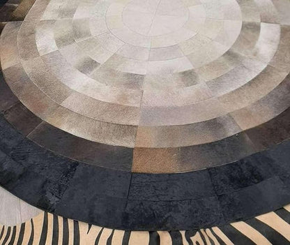 Round Faux Cowhide Leather Rug 8×8 ft – Brown & Beige Rustic Western Farmhouse Boho Concentric Patchwork Non-Slip Durable Faux Leather Area Carpet for Living Room, Bedroom & Office