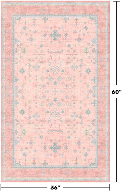 Washable 3x5 Pink Rugs for Girls Bedroom Beside Bed, Nursery Rug, Soft Faux Wool Low Pile Non Slip Stain Resistance Carpet, Pink & Blue